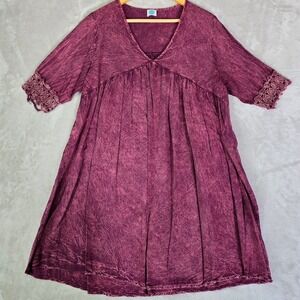 Burgundy Acid Wash Boho Babydoll Dress Crochet Lace Trim Size L